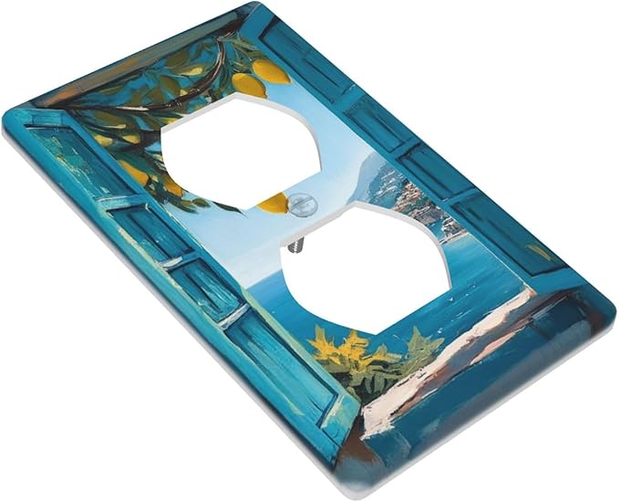 Decorative Art Light Switch Covers Seaside Window with Lemons 1 Gang Single Duplex Outlet Wall Plate Switchplate Electrical Faceplate for Home Decor
