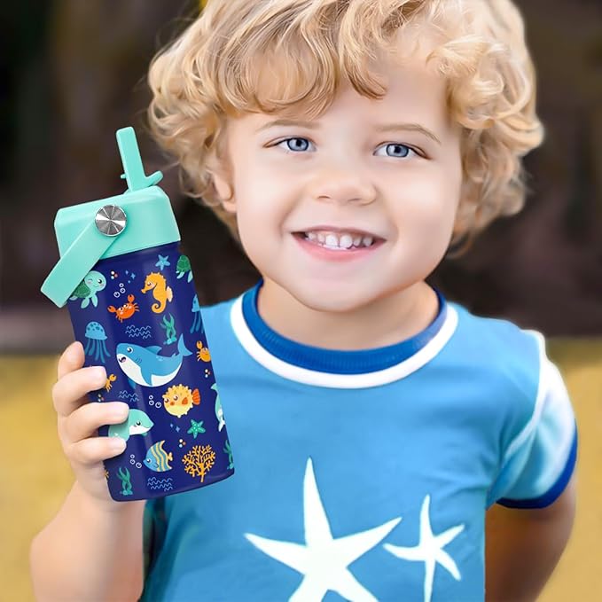 Kids Water Bottle with Straw Lid - 12 Oz Insulated Stainless Steel Ocean Water Bottles for Kid Boys Girls - Travel Cup for School Sports