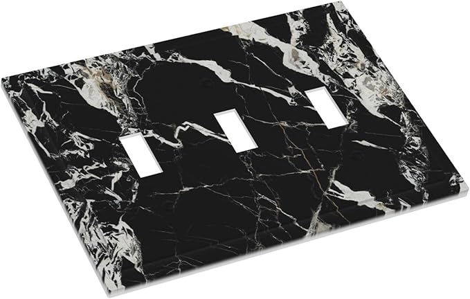 Black Marble Patterns Low Key Luxurious Decorative Switch Plates 3 Gang Wall Plate Triple Toggle Light Switch Cover Faceplate Electrical Wall Panels for Bathroom Kitchen Decor