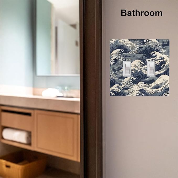 Ocean Waves 2-Gang Double Toggle Switch Plate, Blue Sea Wave Wall Plate for Coastal Home, Beach House & Bathroom