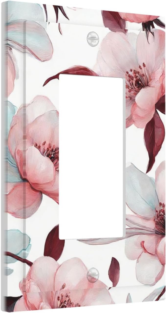 Watercolor Pink Cherry Blossom & Floral Burst Single Rocker Switch Cover - 1-Gang Standard US Size Romantic Floral Escape Light Switch Covers for Bathroom Bedroom Vanity Decor