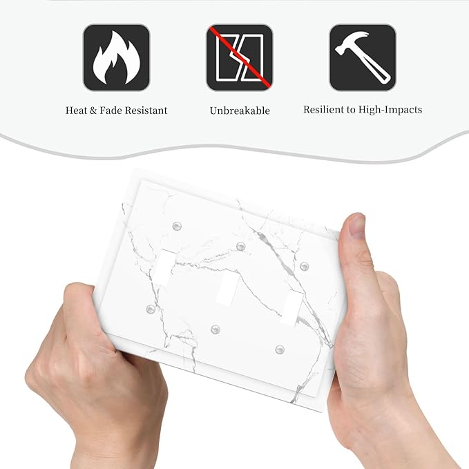 Luxurious White Marble Abstract Print Decorative Switch Plates 3 Gang Wall Plate Triple Toggle Light Switch Cover Faceplate Electrical Wall Panels for Bathroom Kitchen Bedroom Decor