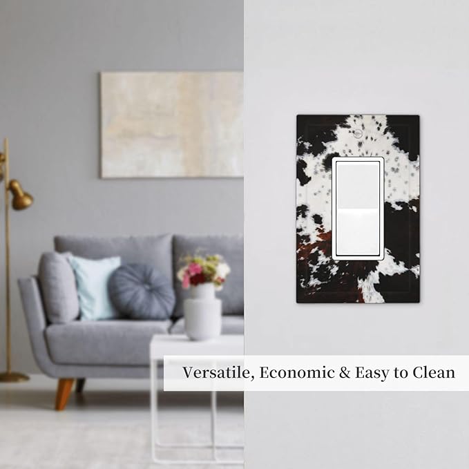 Western Farmhouse Maroon Brown Black White Animal Cow Fur Skin Cowhide Leopard 1 Gang Electrical Single Decorator/GFCI Device Wall Plate Decorative Electric Rocker Light Switch Outlet Cover Dimmer