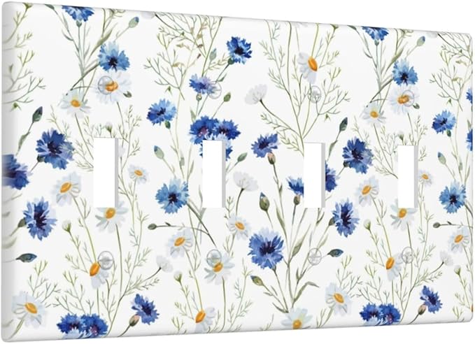 Light Switch Cover Plate Watercolor Daisy Blue Floral Vintage Plant 4 Gang Quad Toggle Decorative Switch Plates Wall Panels Electrical Wall Plates Faceplate for Bedroom Home Decor