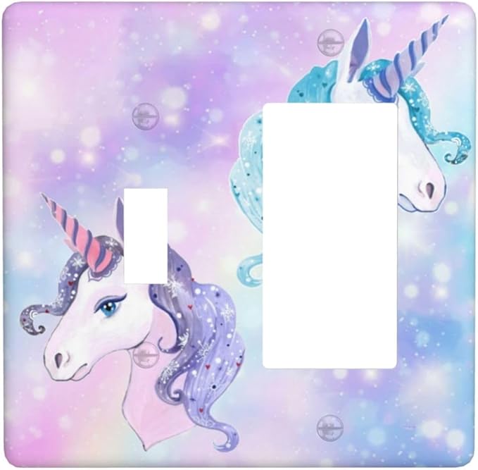 Girl Purple Pink Rainbow Blue Unicorn 2 Gang Single Toggle/Decorator Combination Light Switch Cover Decorative Combo 1-Toggle/1-GFCI/Rocker Wall Plate Cover