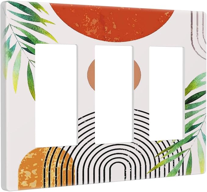 Beige Orange Boho Mid Century Abstract Triple Decorator Light Switch Cover 3 Gang GFCI/Rocker Wallplate Decorative Electrical Faceplate Switchplate Dimmer Screwless
