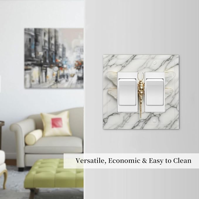 White Gold Marble Dragonfly Abstract Modern Decorative Outlet Covers 2 Gang Double GFCI Rocker Electrical Wall Panels Light Switch Cover Plate for Bathroom Home Decor