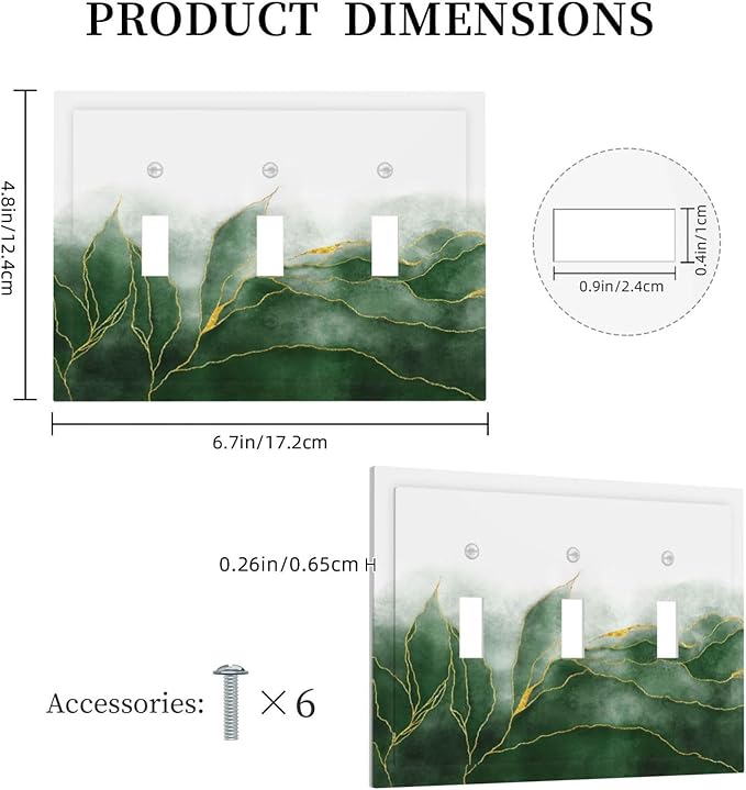 Light Switch Cover Plate Green Gold Leaf Marble Modern Abstract 3 Gang Triple Toggle Decorative Switch Plates Wall Plates Electrical Switchplate Faceplate for Kitchen Bathroom Decor