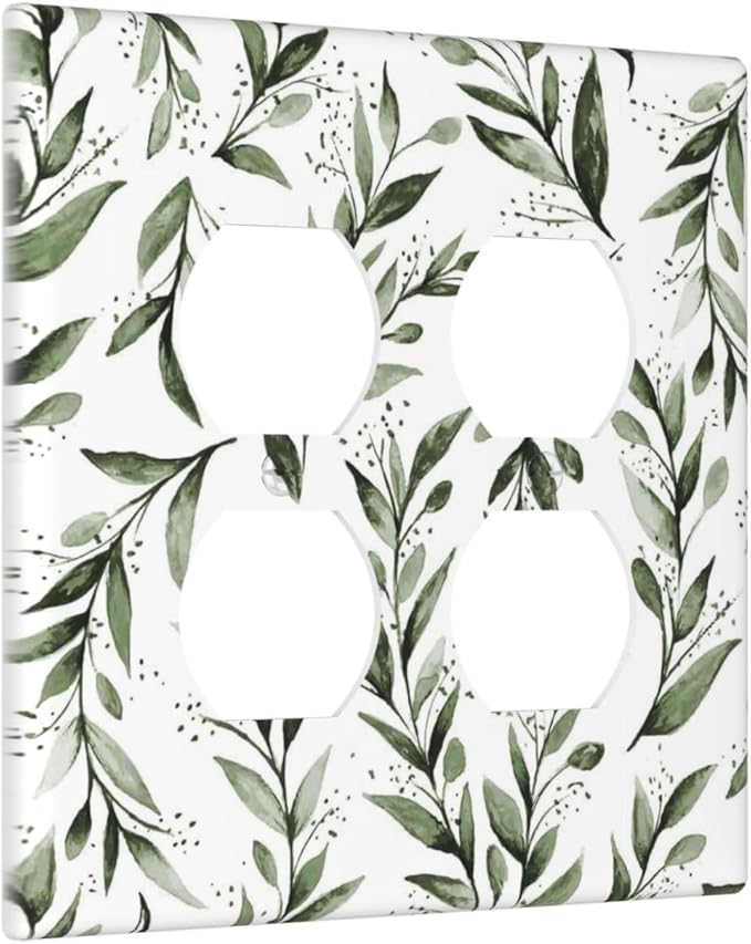 Green Leaf Olive Leaf Sage Floral Outlet Covers 2 Gang Double Duplex Decorative Light Switch Covers Electrical Wallplates Socket Faceplate for Bedroom Living Room Decor