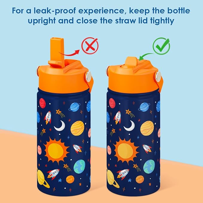 Kid Water Bottle 12oz with Straw Lid - 2-Pack Insulated Stainless Steel Water Bottles for Kids Boys Girls - Travel Cup for School Sports, Outer Space & Astronaut
