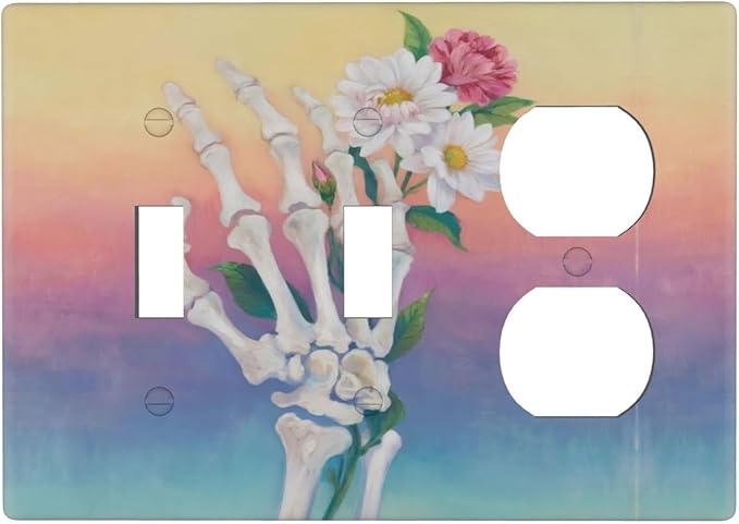 Skeleton Flower 2 Toggle 1 Duplex Receptacle Outlet Cover Wall Plate Decorative 3 Gang Light Switch Covers Electrical Switchplate Home Decorate Faceplat for Bathroom Bedroom Kitchen Room