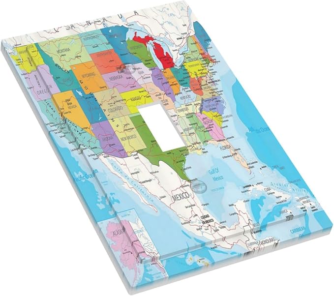 Educational Geography USA Cities Map White Earth Technology Colorful 1 Gang Light Switch Plate Decorative Single Toggle Wall Plate Cover Electrical Switchplate Faceplate Bathroom Bedroom Room Decorate