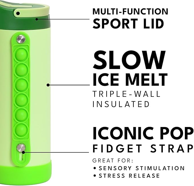 Elemental Iconic Kids Water Bottle for School - 100% Leak-Proof Insulated Water Bottles with Straw Lid & Pop-It Handle for Boys & Girls - Triple-Wall Insulated & BPA-Free, 14oz – Island Green
