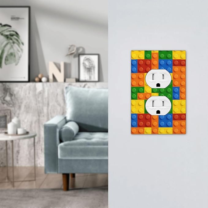 Building Blocks Theme Colored Bricks Print Outlet Covers 1 Gang Duplex Light Switch Cover Decorative Switch Plates Electrical Receptacle Faceplate Wall Plate for Room Office Home Decor