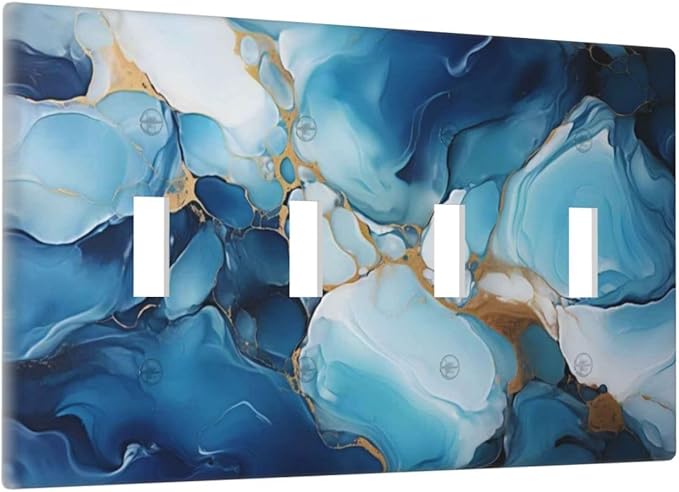 Decorative Light Switch Plate Covers Artistic Abstract Blue Marble Gold Line Painted 4 Gang Wall Plate Switch Cover Plate Quad Toggle Jumbo Electrical Faceplate for Kitchen Decor