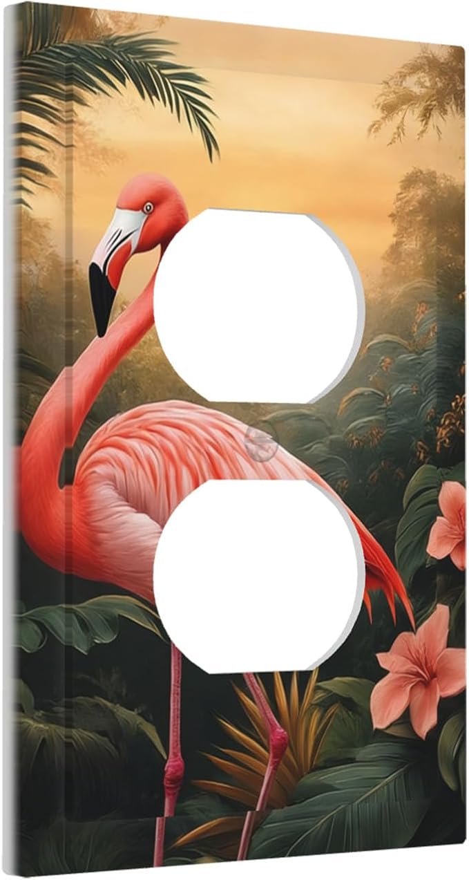 Tropical Flamingo Jungle Paradise Duplex Wall Plate - 1-Gang Standard US Size Exotic Jungle Escape Outlet Covers for Bathroom Decor