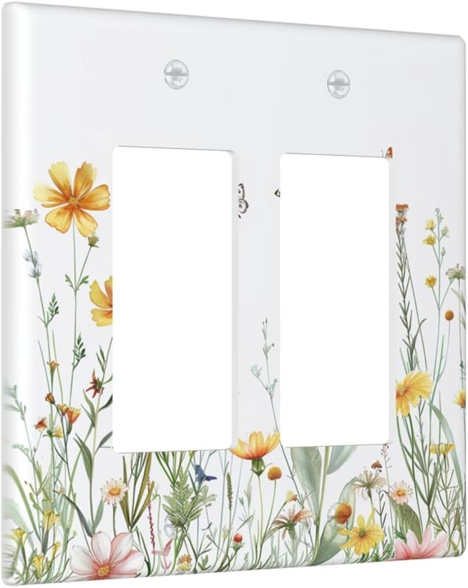 Decorative Outlet Covers Rustic Colorful Floral Butterfly Watercolor Flowers 2 Gang Double Rocker Light Switch Cover Decorative Switch plates Electrical Wallplates GFCI Receptacle for Bathroom Bedroom