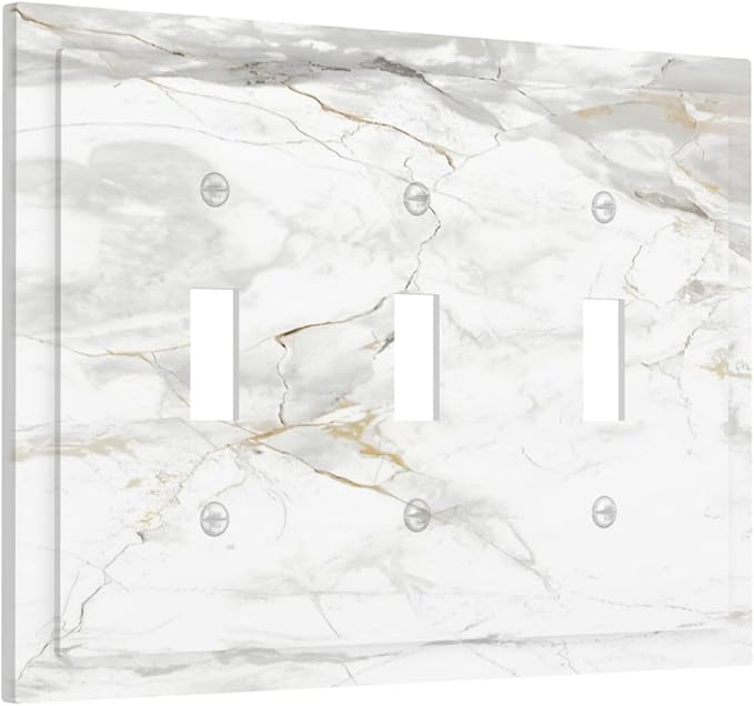 White Marbling Golden Stream Lines Print Decorative Switch Plates 3 Gang Wall Plate Triple Toggle Light Switch Cover Faceplate Electrical Wall Panels for Bathroom Kitchen Decor