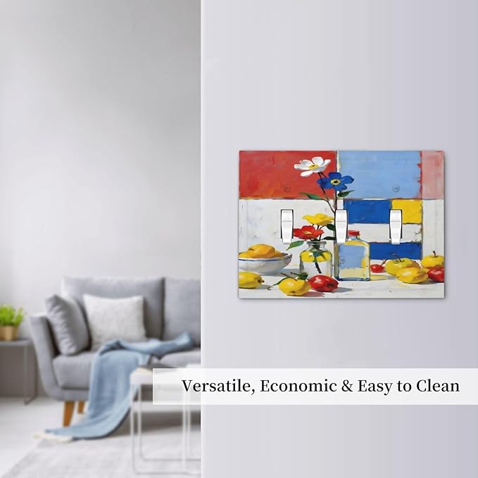 Color Block Floral Still Life Art Red Yellow Blue Abstract Decorative Switch Plates 3 Gang Wall Plate Triple Toggle Light Switch Cover Faceplate Electrical Wall Panels for Farmhouse Bedroom Decor
