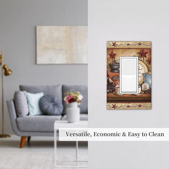 Country Life Coffee Beans Texas Star Bar Clock 1-Gang Decorator Rocker Outlet Light Switch Cover Dining Room Kitchen Cafe Cup Decorative Single Device GFCI Receptacle Switch Wall Plate Dimmer Mid Size