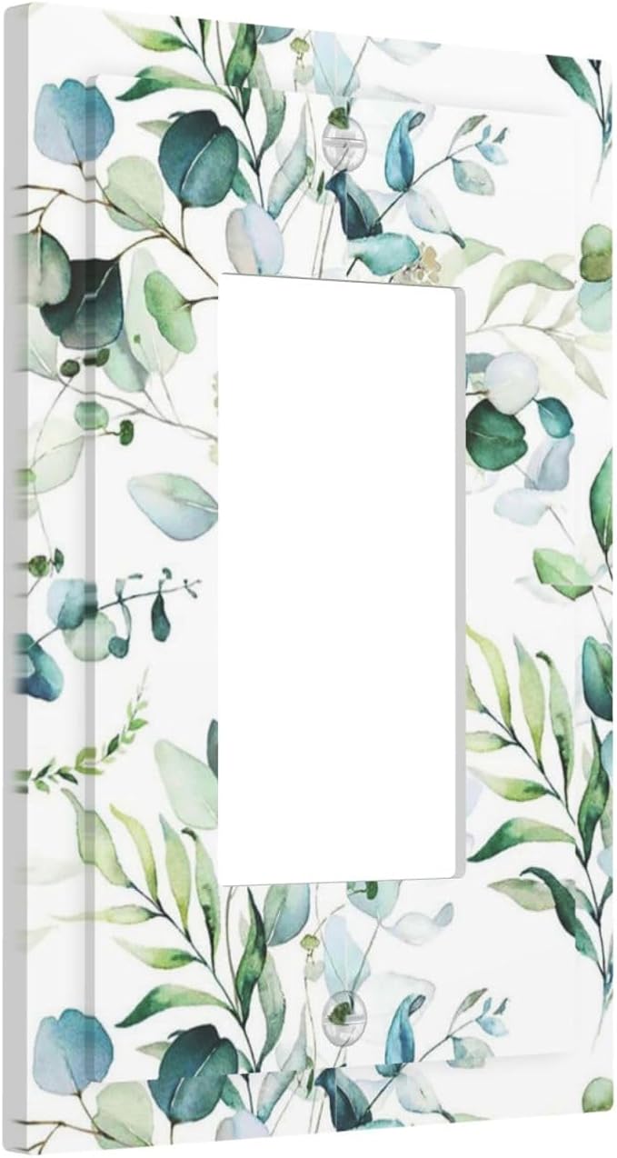 Green Olive Sage Eucalyptus Leaves 1 Gang Decorator Light Switch Cover Single GFCI/Rocker Outlet Switch Wall Plate for Dimmer,USB Outlet Mid Size