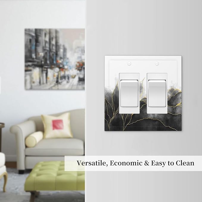 Decorative Outlet Covers Black And Gold Marble White Golden Leaves 2 Gang Double GFCI Rocker Electrical Wall Panels Light Switch Cover Plate for Bedroom living Room Decor