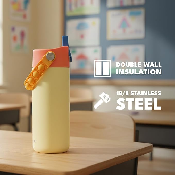 Elemental Insulated Kids Water Bottle, Stainless Steel Water Bottle with Straw Lid & Pop-It Handle, Leak-Proof Water Bottles for School, Boys or Girls, Travelling and Sports, 18oz - Peach Sand
