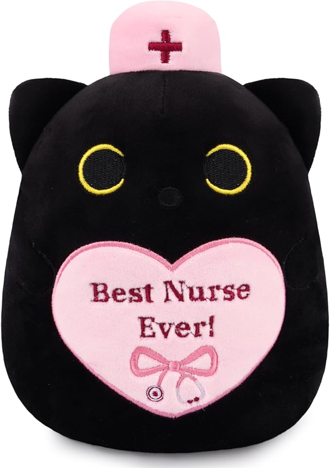 RN Black Cat Plush, 8" Cat Stuffed Animal with Pink Cap and Best Nurse Ever, Student Nursing Graduation Gifts Nurse Appreciation Gifts for Women, Appreciation Week Gift