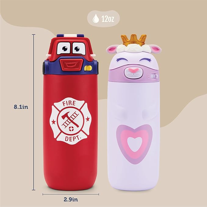Ello Ellies 12oz Vacuum Insulated Stainless Steel Kids Water Bottle with Straw and Built-in Carrying Handle and Leak-Proof Locking Lid for School Backpack, Lunchbox and Outdoor Sports, Firetruck