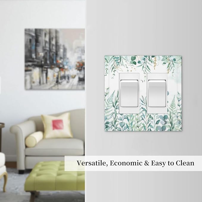 Boho Green Eucalyptus Leaf Floral Sage Flower Decorative Outlet Covers 2 Gang Double GFCI Rocker Electrical Wall Panels Light Switch Cover Plate for Bedroom Living Room Decor