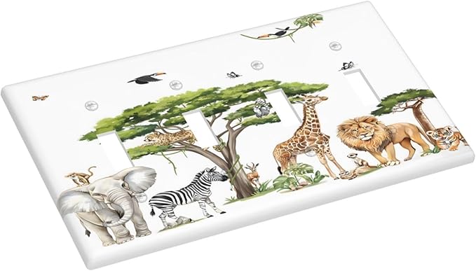 Large Animals Elephant Giraffe Jungle Lion Leopard Zebra Light Switch Covers Quad Toggle Electrical Faceplate 4 Gang Wall Plate Decorative Switch Plates Cover for Kids Room Nursery Decor