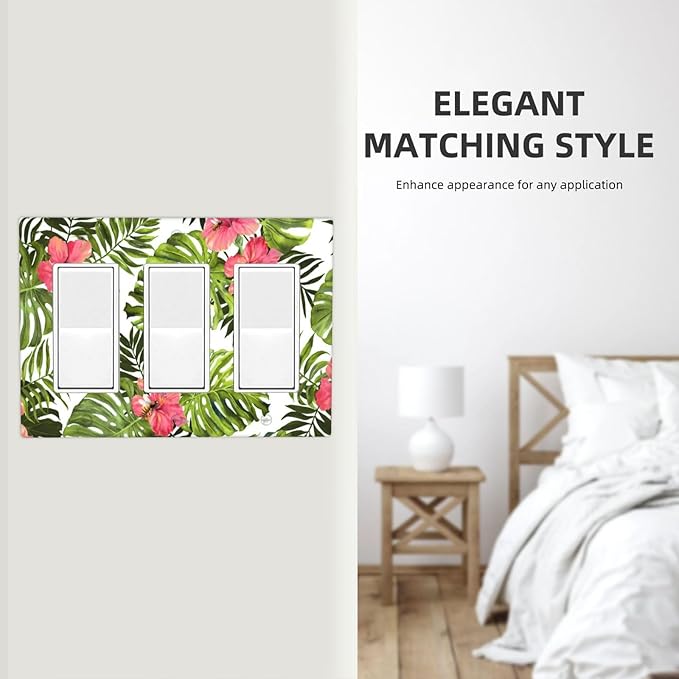 Tropical Plant Green Palm Light Switch Cover Triple Rocker Decorative 3 Gang Switches Plates and Outlet Covers Banana Leaves Pink Flower Rainfores Jungle Botanical Switchplate Wallplate
