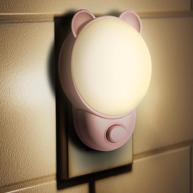 SATONA Cute Bear Night Light Plug - RGB + Soft White 3000K, Dusk to Dawn Nursery Night Light for Kids, Ideal Christmas & Birthday Gifts, Room Decor for Children (Pink)