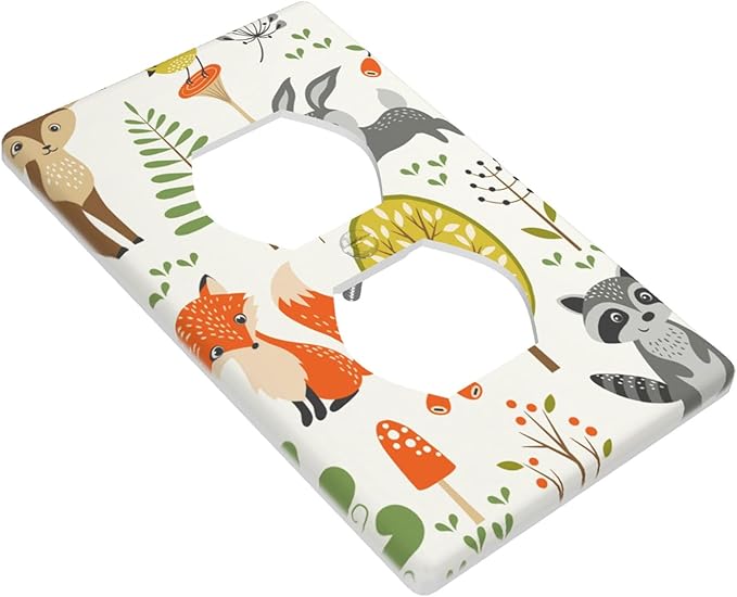 Woodland Forest Animals 1-Gang Duplex Wall Plate, Mushroom Berries Tree Outlet Cover for Kids Room, Nursery, Playroom & Cabin
