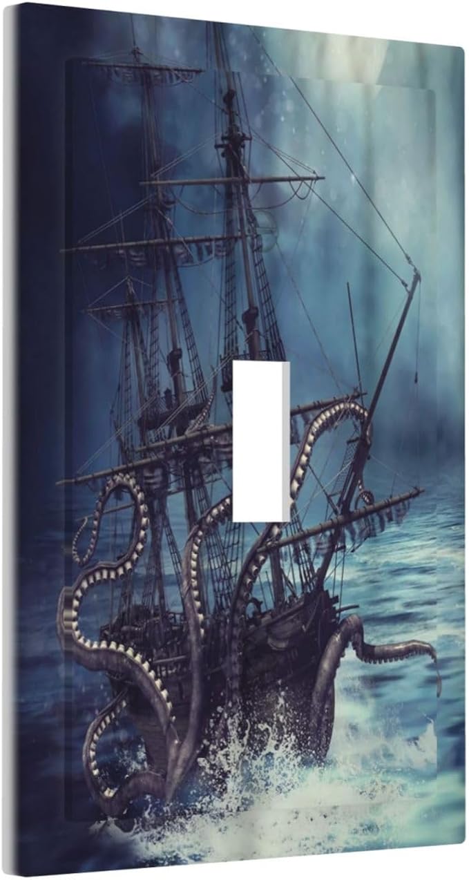 Octopus Ocean Kraken Nautical Pirate Ship 1 Gang Light Switch Covers Decorative Unique Single Toggle Wall Plate Switchcover Electrical Switchplate for Kitchen Bathroom Bedroom Decor