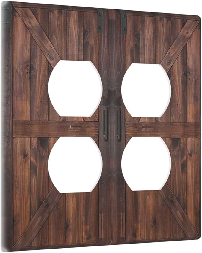 Rustic Barn Doors Vintage Brown Wood Plank Print Outlet Covers 2 Gang Double Duplex Decorative Light Switch Covers Electrical Wallplates Socket Faceplate for Farmhouse Home Decor