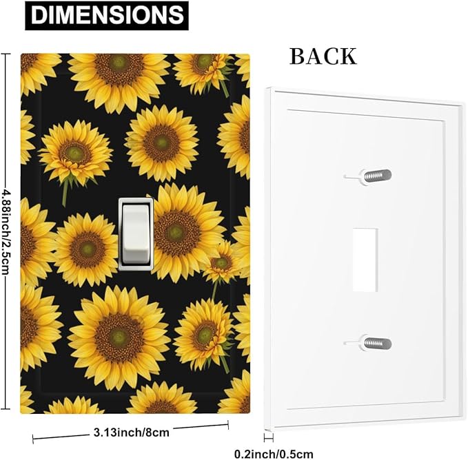 Sunflower Fields 1-Gang Toggle Light Switch Plate, Vibrant Sunflower on Black Boho Sunny Garden Decorative Wall Plate for Bedroom Decor