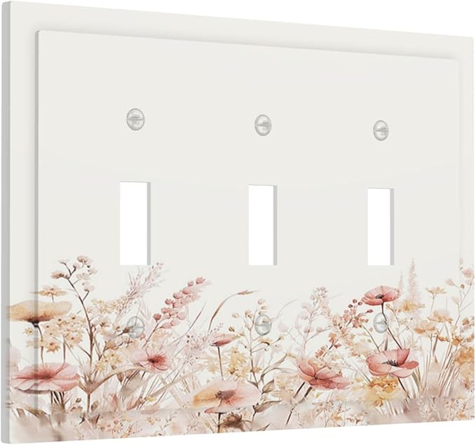 Decorative Light Switch Cover Plate Boho Floral Watercolor Flower Pattern 3 Gang Wall Plate Triple Toggle Switch Plate Covers Electrical Outlet Cover for living Room Home Decor