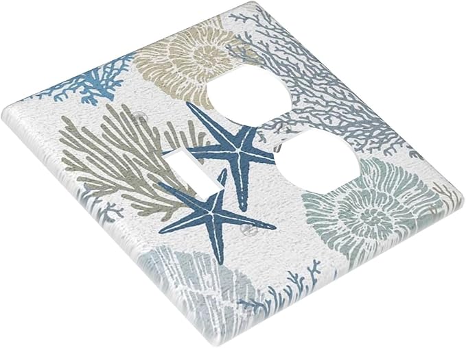 Teal Blue Ocean Nautical Beach Coral Coastal Starfish Light Switch Cover 2 Gang Combination Wall Plate 1 Toggle 1 Receptacle Duplex Switch Plate Underwater Seashell Conch Combo Device Outlet Cover