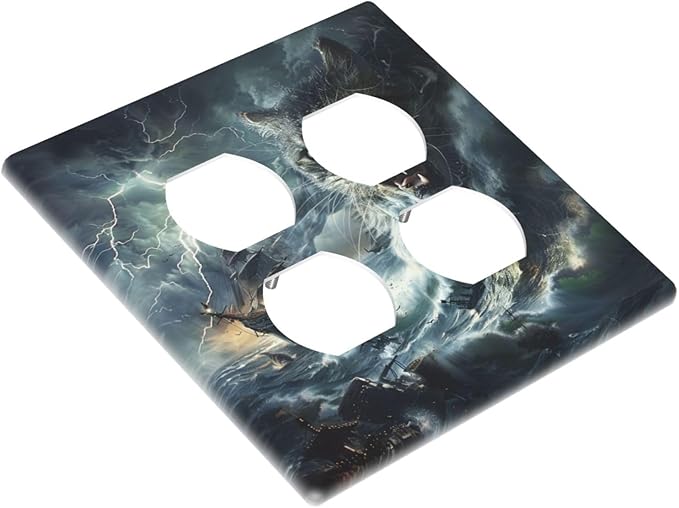 Decorative Outlet Covers funny Cat Stormy sea Lightning Sailboats 2 Gang Decorative Switch Plate Double Duplex Wall Plates Switch Plates and Outlet Covers for Bathroom Kid Room Decor