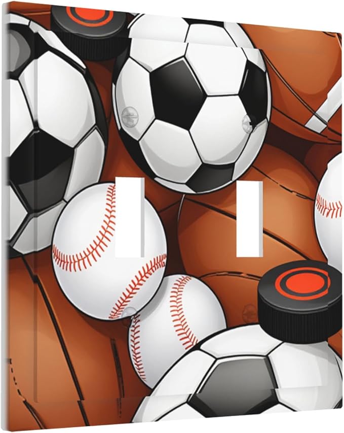 All-Star Sports Balls Collage Double Toggle Switch Cover - 2-Gang Standard US Size Football Baseball Soccer Game Day Themed Light Switch Covers for Boy's Bedroom Decor