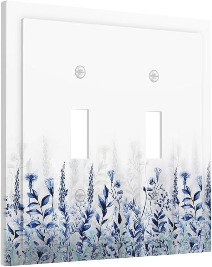 Decorative Light Switch Cover Plate Rustic Blue Plants Wildflowers Boho Leaves Unique 2 Gang Wall Plate Cover Double Toggle Switch Plate Covers Electric Dual Device Electrical Faceplate
