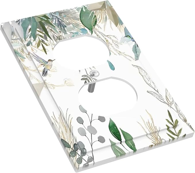 Green Tropical Palm Leaves Flower Plants Hummingbird Outlet Covers 1 Gang Duplex Light Switch Cover Decorative Switch Plates Electrical Receptacle Faceplate Wall Plate for Bed Room Living Room Decor