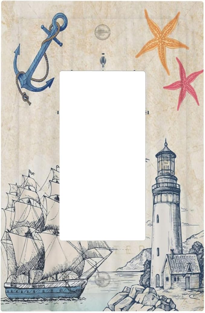 Nautical Sailboat Beach Anchor Pirate Beacon Ocean 1 Gang Rocker Light Switch Covers Decorative Single Decora Outlet Wall Plate Faceplate Switchplate GFCI for Farmhouse Bathroom Bedroom Decor