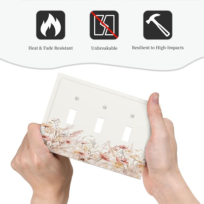 Decorative Light Switch Cover Plate Boho Floral Watercolor Flower Pattern 3 Gang Wall Plate Triple Toggle Switch Plate Covers Electrical Outlet Cover for living Room Home Decor