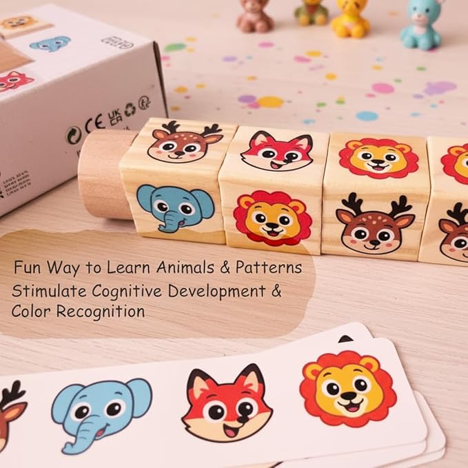 Wooden Animal Rotating Blocks Puzzle Montessori Toddler Matching Game Fine Motor Skills Sensory Toy for Kids 1-3 Years Old