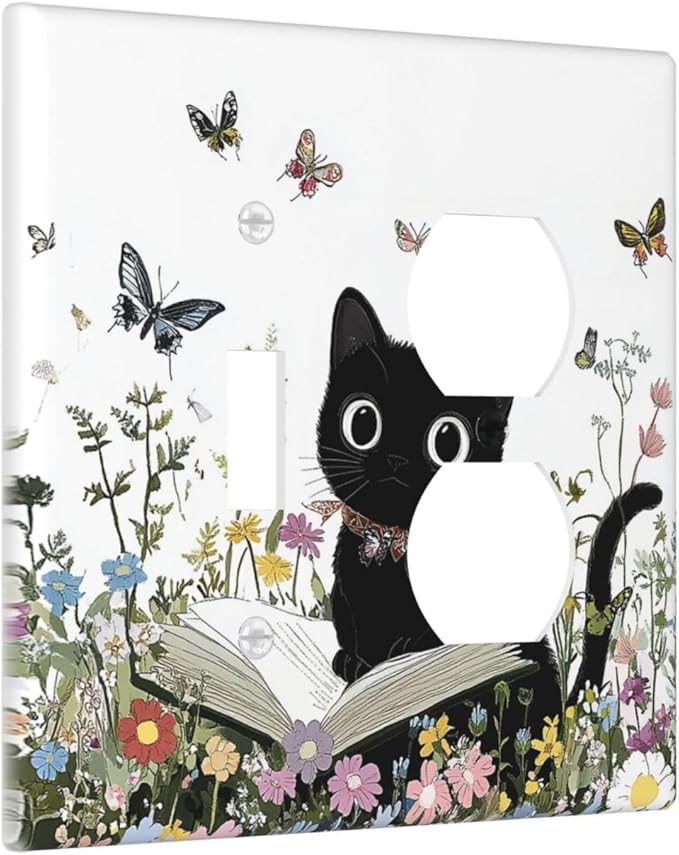 Wallplates Cute Cat Wildflowers Boho Flowers Floral 1 Toggle 1 Duplex Switch Plate Electrical Gfci Faceplate Decorative Light Switch Covers For Nursery Kids Room Decor