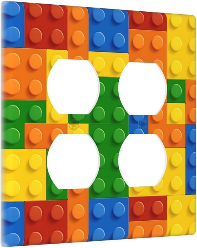 Building Blocks Theme Colored Bricks Print Outlet Covers 2 Gang Double Duplex Decorative Light Switch Covers Electrical Wallplates Socket Faceplate for Room Office Home Decor