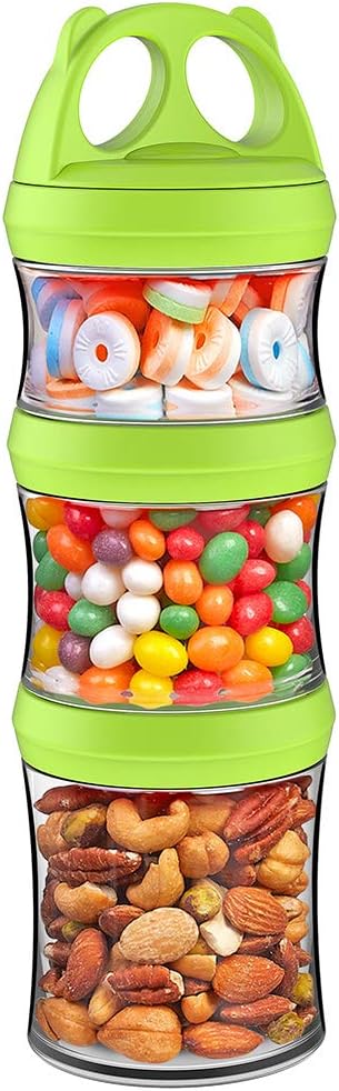 SELEWARE Portable Stackable Food Storage Containers for Snacks Formula Powder and Drinks Twist Lock System Airtight Leak-proof BPA and Phthalate Free 3 Piece Jars 28oz Green