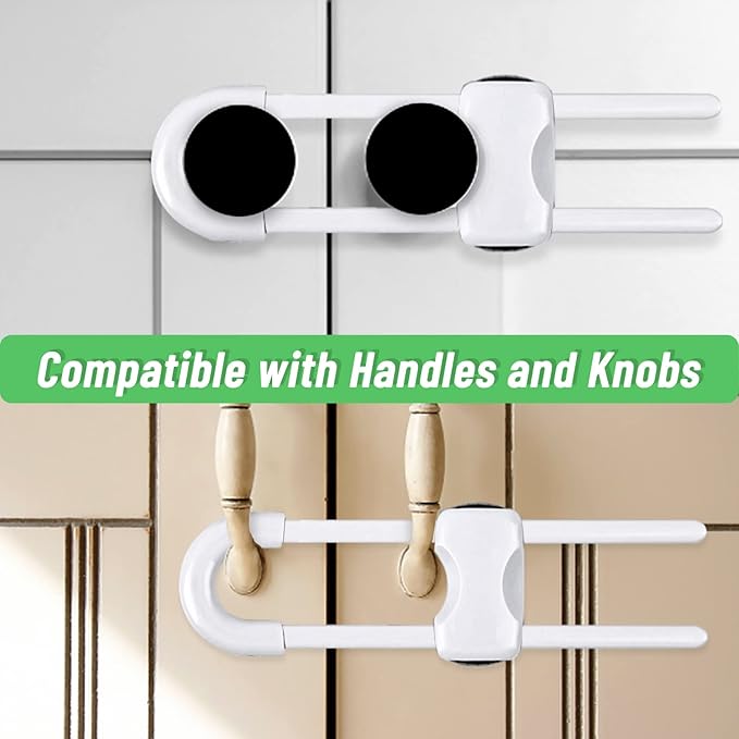 6 Packs Sliding Cabinet Locks, Modacraft Baby Proofing U-Shaped Child Safety Latches Adjustable White Locks for Handles Knobs Drawers Closet Cupboard